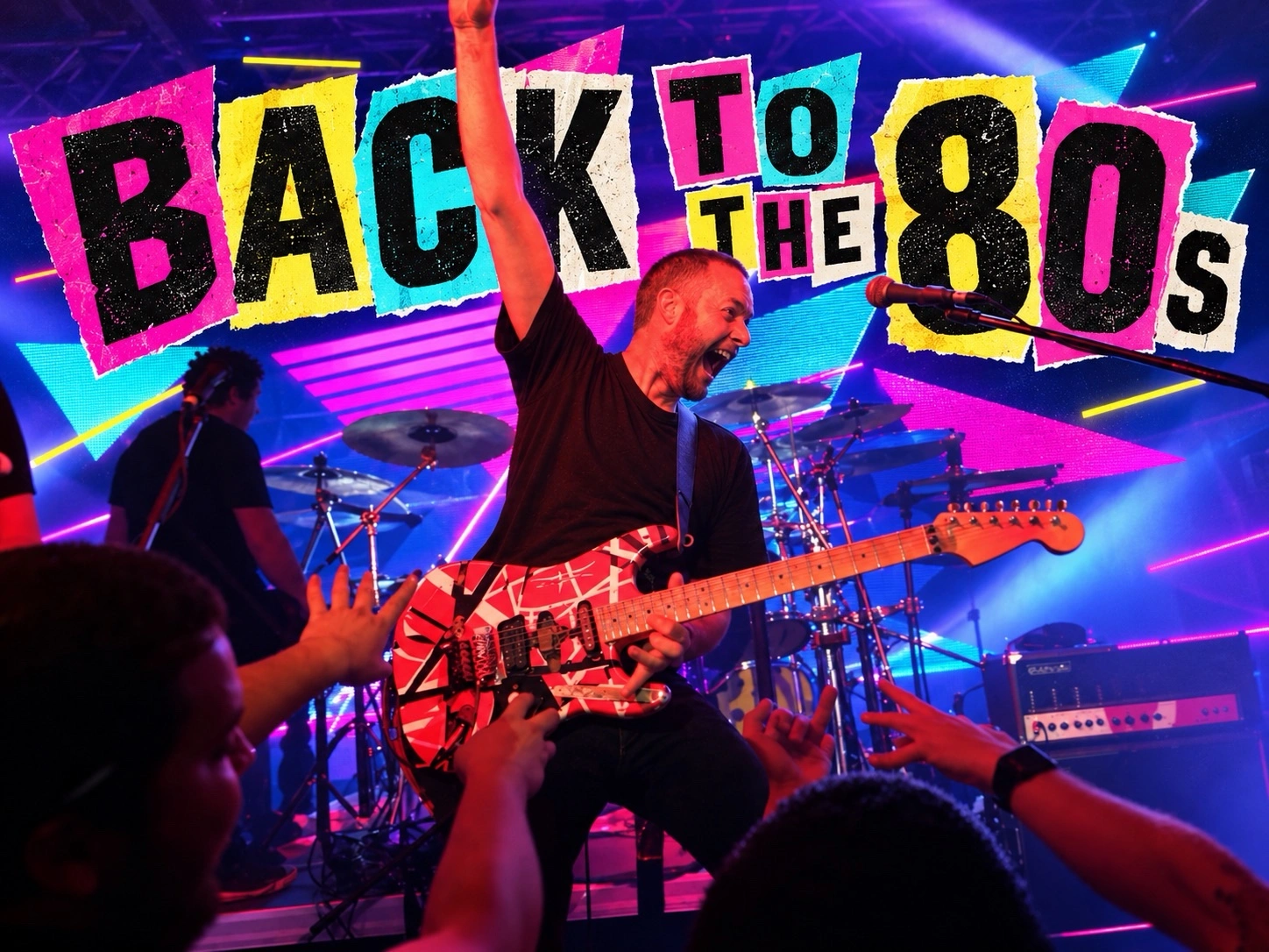 Man playing guitar in an 80s tribute show